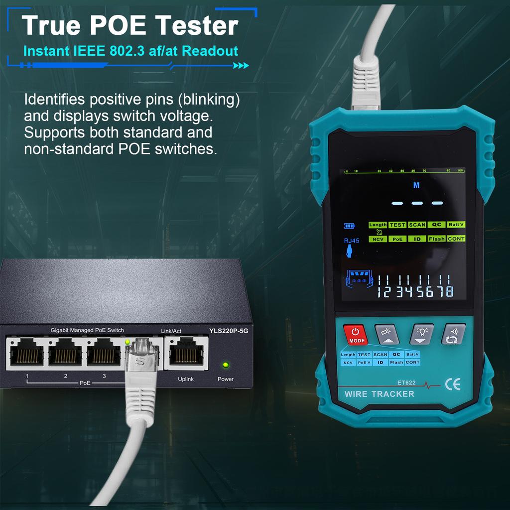 Network Cable Tester with POE Voltage Detection, Wire Tracker, RJ45 Length Measurement (400m), Cable Continuity Test,
