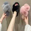 Women's Winter Plush Cross Band Cotton Slippers - Plus Size, High Low, Furry, Rabbit Fur, Indoor Warmth.