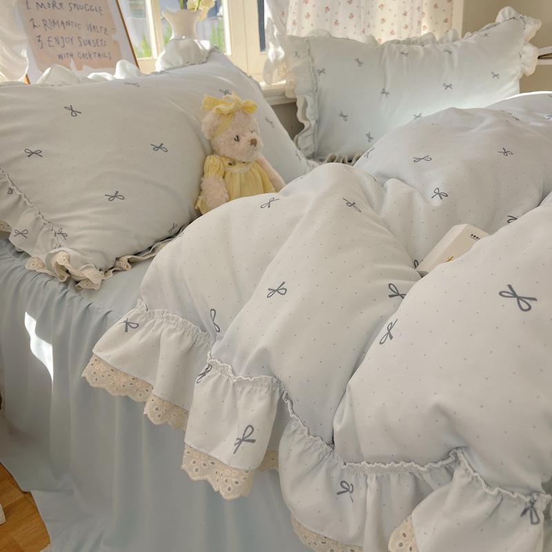 Комплект постельного белья из четырех предметов с двойной нитью, кружевной в принцессном стиле, приятный для кожи, дышащий, стиранные простыни, пододеяльник, наволочка