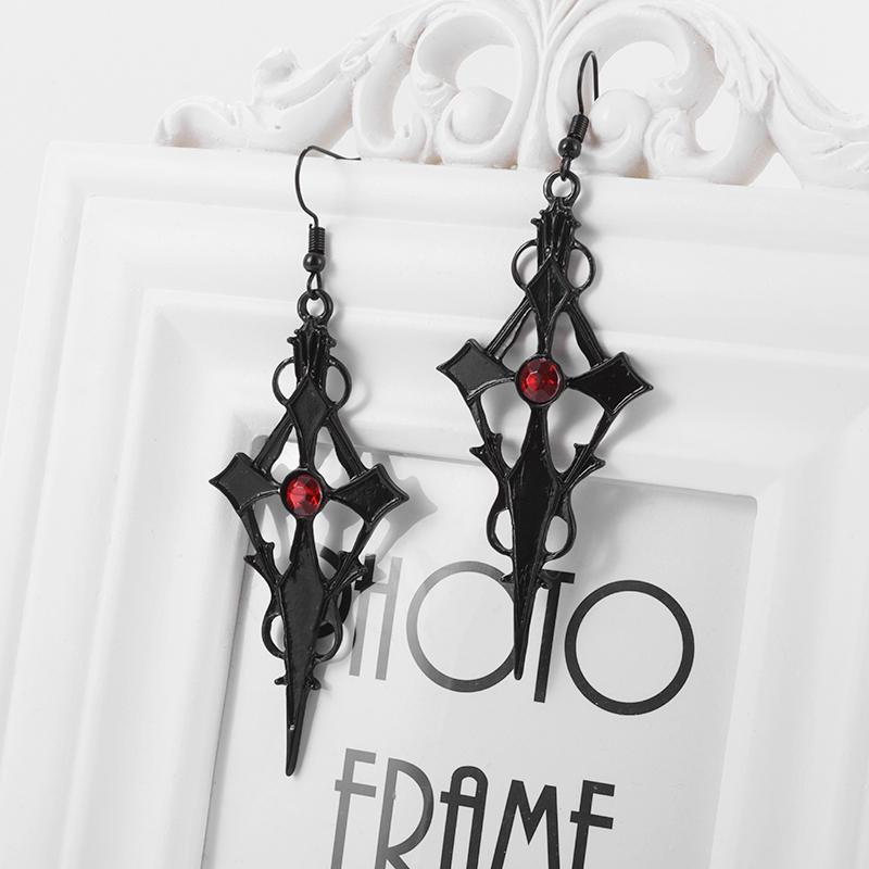 Retro Gothic Dark Studded Red Zircon Cross Black Metal Earrings for Women Accessories