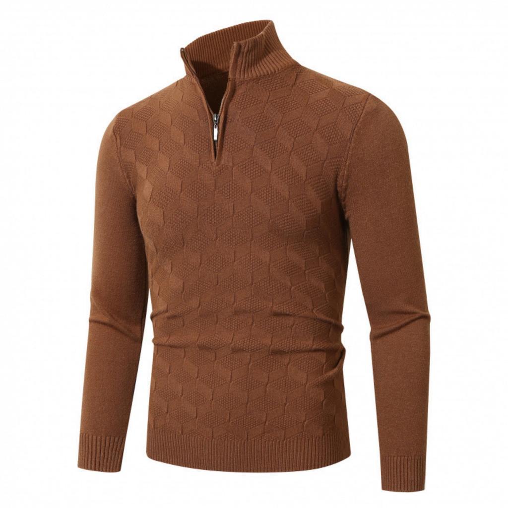 Мужской повседневный однотонный вязаный свитер на полумолнии со стойкой, мужской теплый флисовый вязаный пуловер