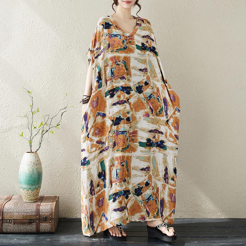 Dimanaf 2024 Plus Size Dress Women Summer V-Neck Sundress Bohemian Floral Print Loose Big Oversize Maxi Dress 5500