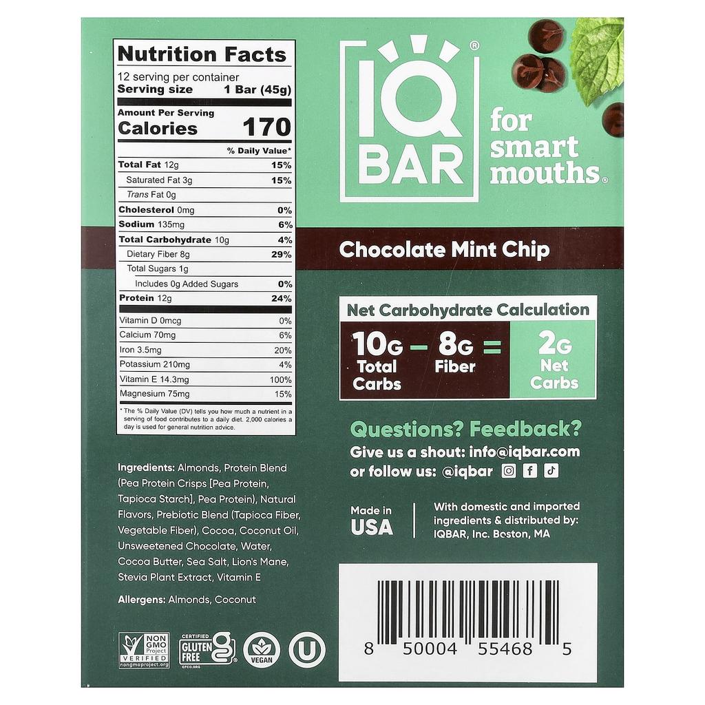 IQBAR Plant Protein Bar, Chocolate Mint Chip, 12 Bars, 45g (1.6oz) Each
