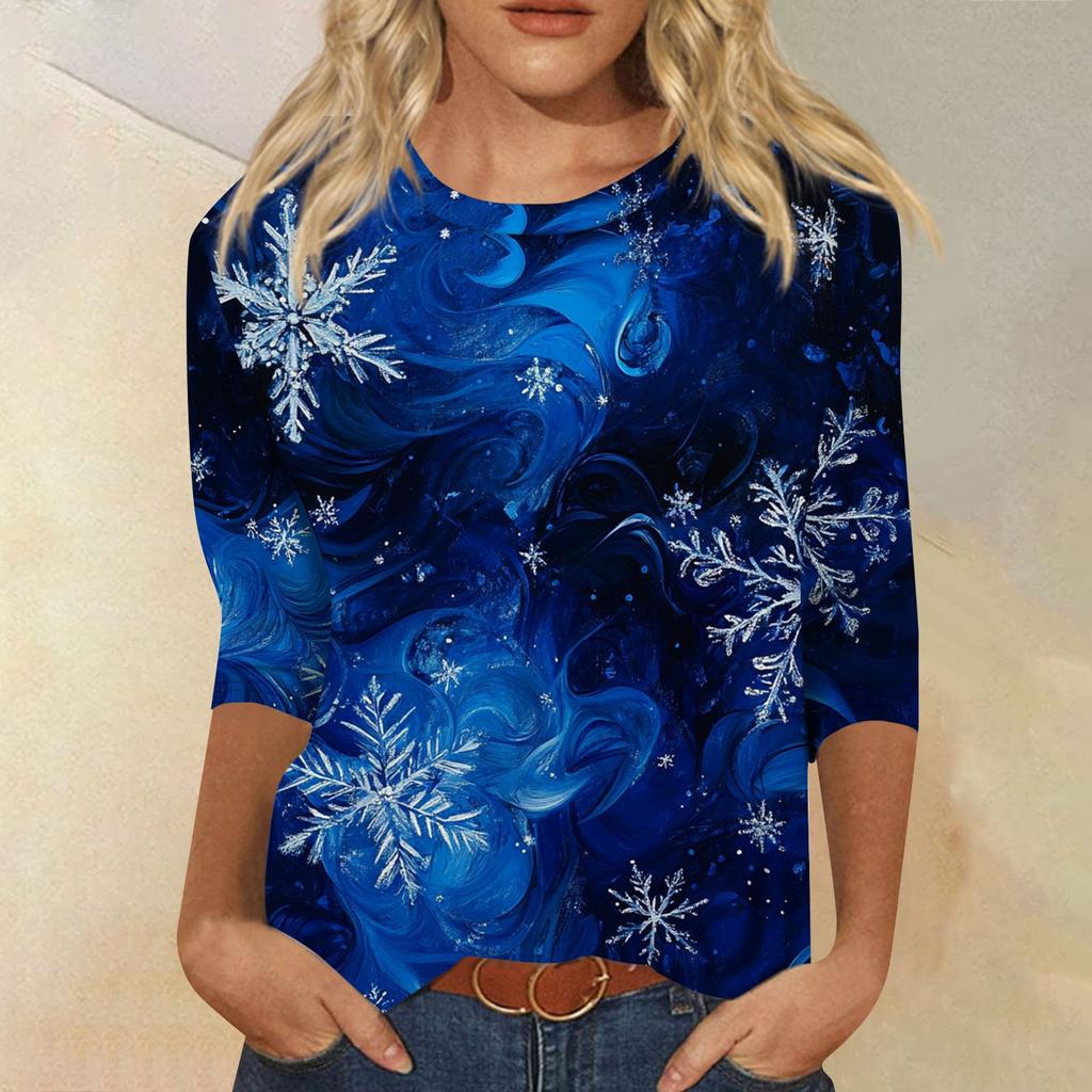 Women's Fashion Casual Seven Sleeve Christmas Printed Round Neck Top