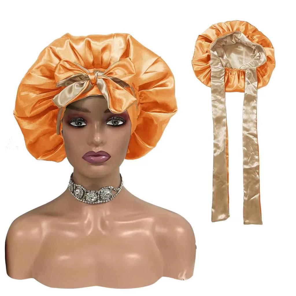 Hair Bonnet Satin Custom logo Silk Bonnets Double Layer Bonnet with Long Tie