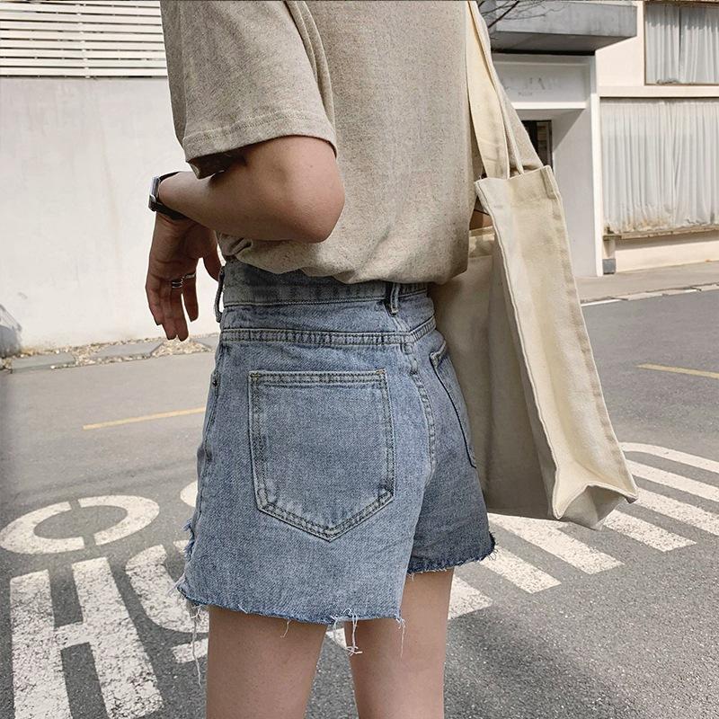 Удобные узкие модные и универсальные джинсовые шорты женские с высокой талией летние свободные широкие брюки неровные необработанные края с дырками тонкие брюки трапециевидной формы