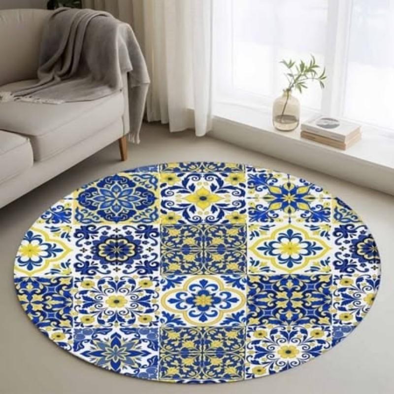 Welcome Round Rug Watercolor Flower Border Pattern Carpet Non Slip Doormat Home Decor Soft Washable Area Rugs