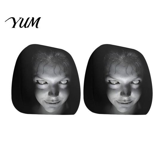 Soft Skin Friendly Car Seat Covers 2PCS Headrest Cover with Scary Face Printing, Breathable Stretch Knitted Interior Decoration for Vehicles
