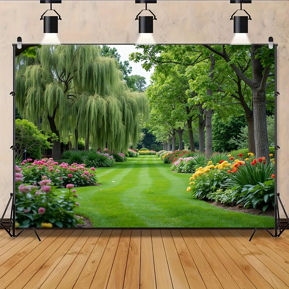 A large-scale garden flower mural covering one square meter - a beautiful background with green trees
