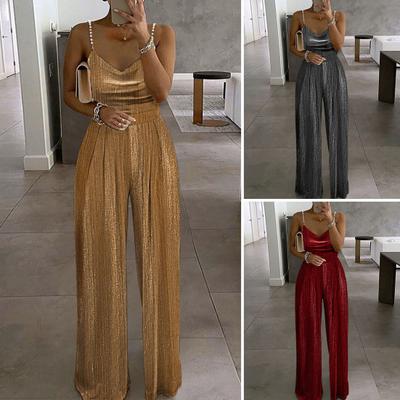 Женский комбинезон из искусственного жемчуга без рукавов с открытой спиной, глубоким V-образным вырезом, широкими штанинами, прямой однотонный плиссированный комбинезон с высокой талией, полная длина, женский комбинезон для выпускного вечера