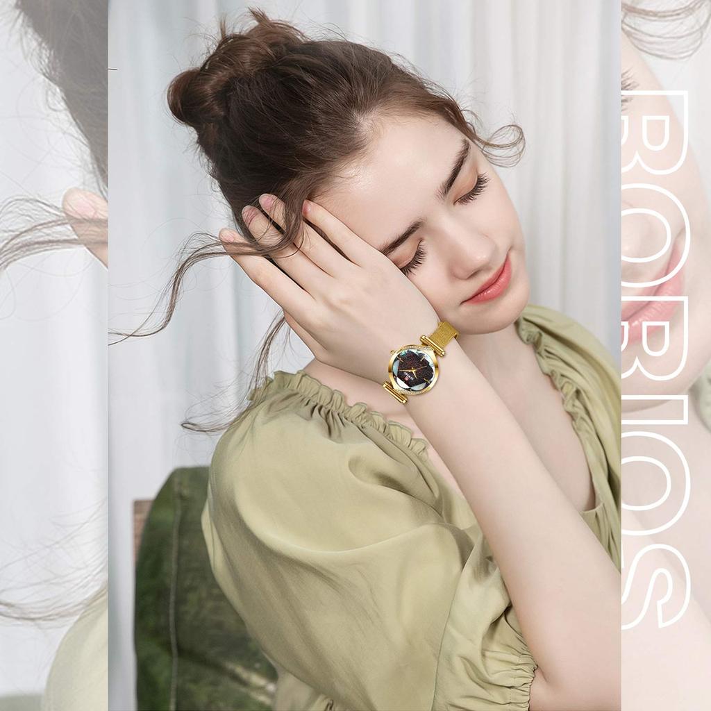 RORIOS Сделано в 3D Flower Mesh Женские часы для поездок на работу или в школу, зеленые, водонепроницаемые, Япония, блестки, циферблат, бриллиант, ремешок, повседневные, кварцевые, часы,