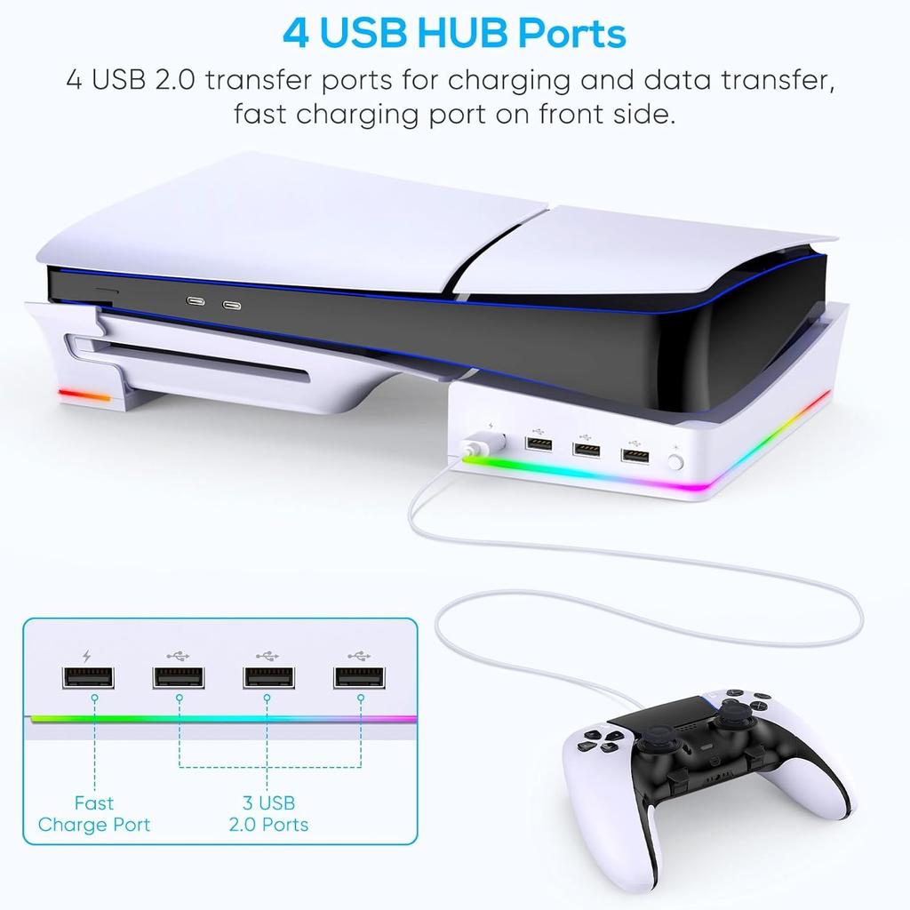Горизонтальная консоль-стойка RGB с 14 режимами освещения и 4 USB-концентраторами, боковая подставка для PS5 Slim Disc и Digital, базовый держатель с функцией быстрой зарядки контроллера