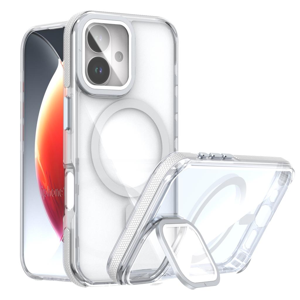 For iPhone 17 Magnetic Case TPU Acrylic Clear Phone Back Cover with Lens Protector Kickstand