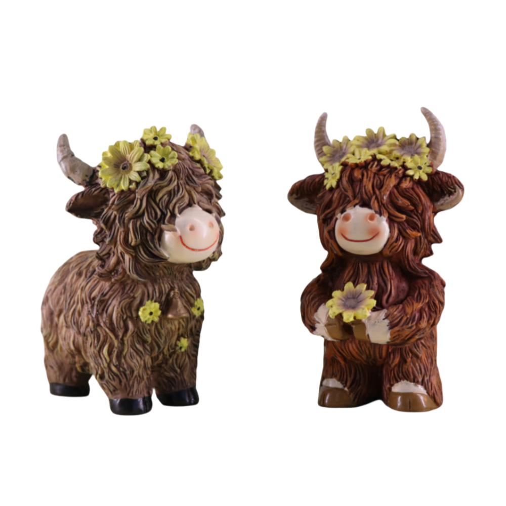Simulation Highland Cow Figurine Adorable Scottish Cow Statue Resin Animal Sculpture Desktop Ornaments Nordic Farm Home Decor