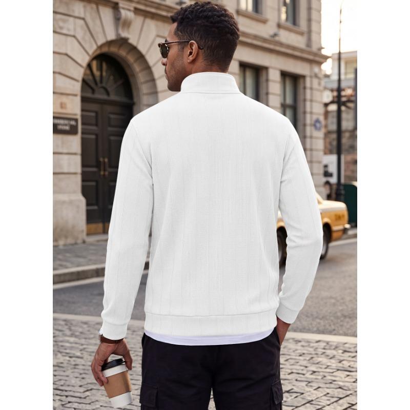 Men S Striped Waffle Knit Half Zip Stand Collar Long Sleeve Casual Pullover Sweatshirt