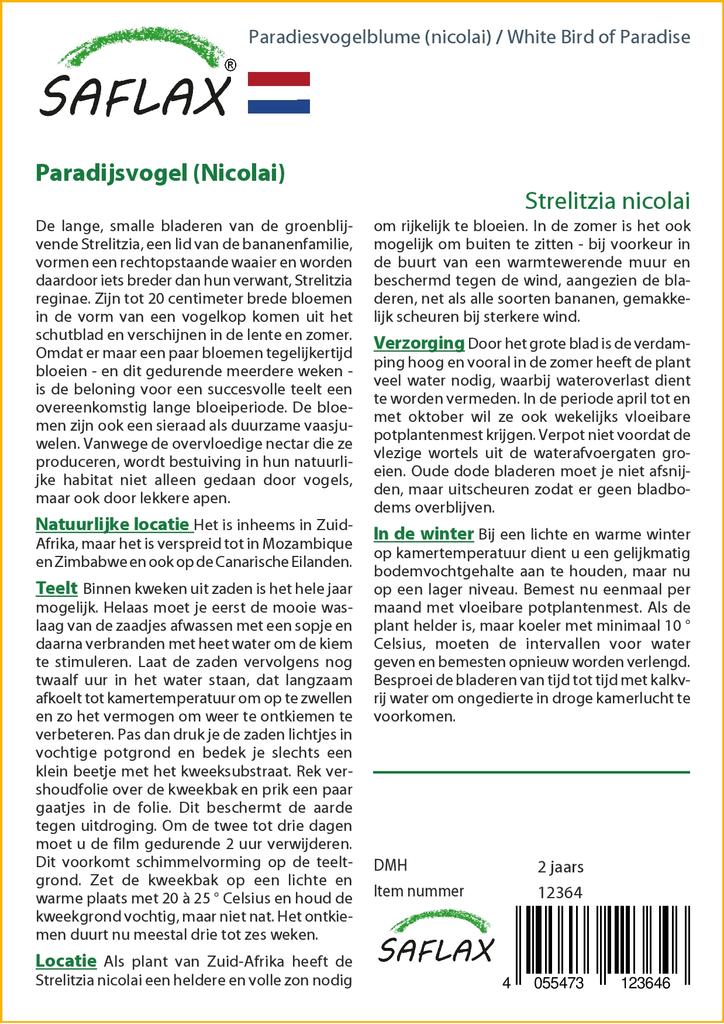 SAFLAX White Bird of Paradise - 5 семян - С горшечным субстратом для лучшего выращивания - Strelitzia nicolai