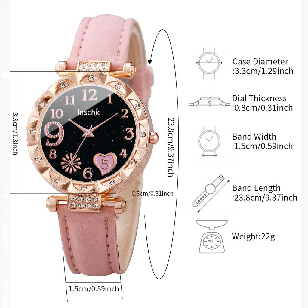 Xiaomi 2PCS/Set Fashion Rhinestone Heart Dial Women Watches Leather Band Analog Quartz Watch Star Bracelet Bangle Set(Without Box)