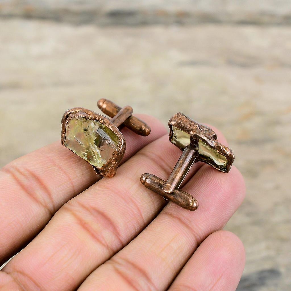 Грубые запонки с цитрином, гальванопластиковые медные запонки, запонки ручной работы с драгоценными камнями, гальванические ювелирные изделия, подарок для мужчин, запонки из грубых камней