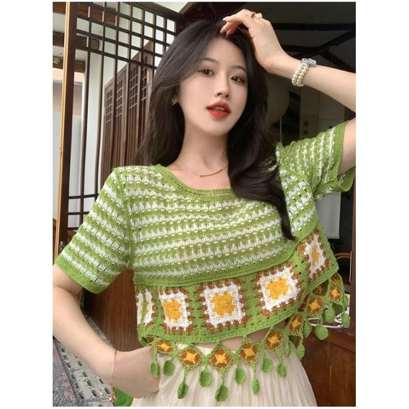 Женская короткая футболка в этническом стиле Color Collision, ретро-кисточки, деревенский стиль, ажурные трикотажные топы