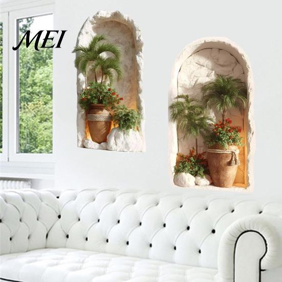 Modern Minimalist Room Accents 2Pcs 3D Tropical Plant Wall Sticker for Home Decor, Arched Niche Window Decal, Non Fading Murals Bathroom Realistic PVC