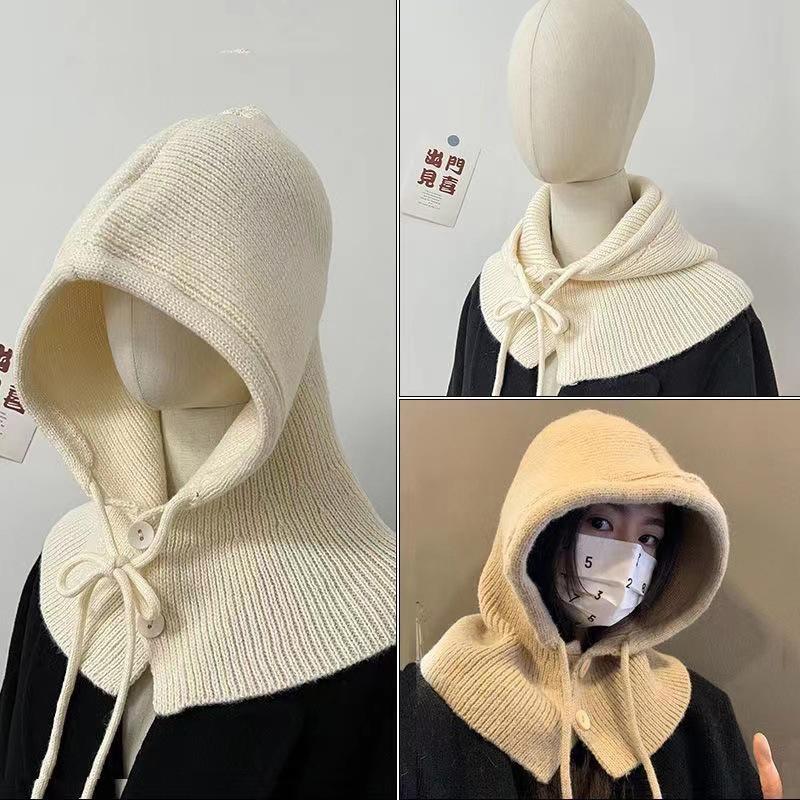 Зимняя шапка-балаклава, теплая вязаная женская шапка с капюшоном, однотонная цельная пуловерная кепка с воротником, уличные кашемировые шапки