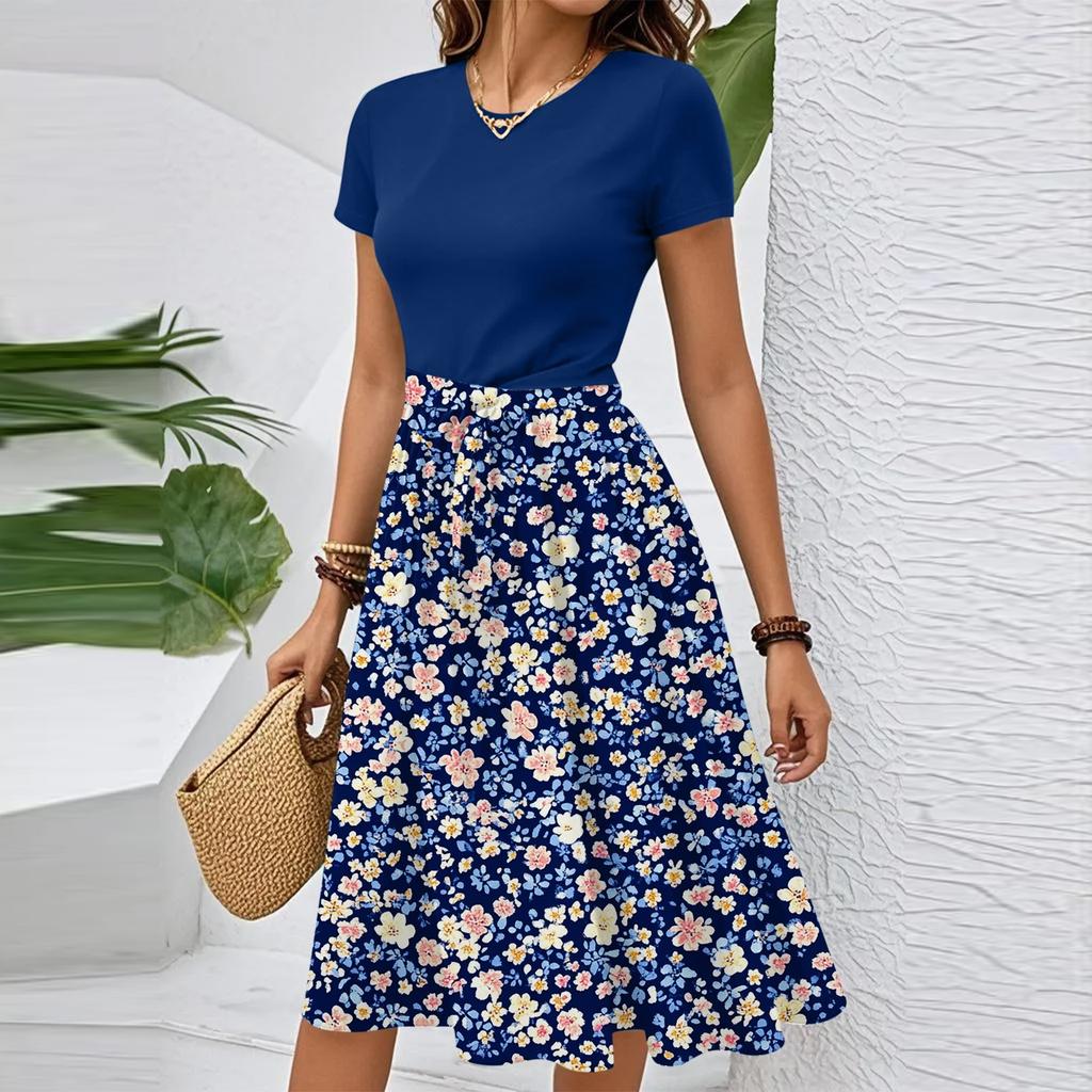 Women's Casual Fashion Belted Floral Print Short Sleeve Round Neck Elegant Dress