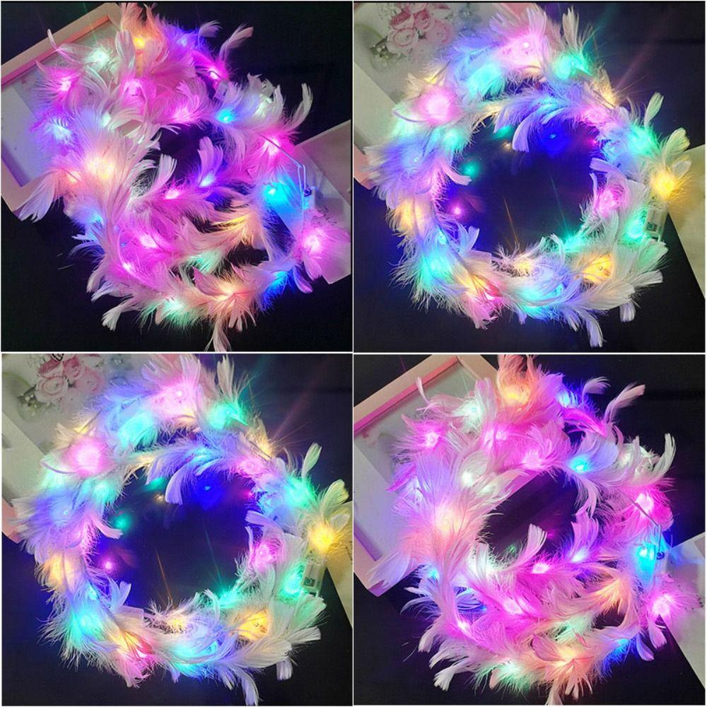 Christmas White Feather Luminous Garland New Year Women Hairband LED Feather Headband  Party