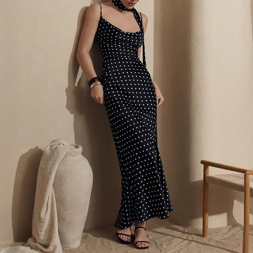 Длинное платье на бретельках Европейское и американское летнее новое с вырезом на шее юбка-русалка темпераментное в горошек длинное платье