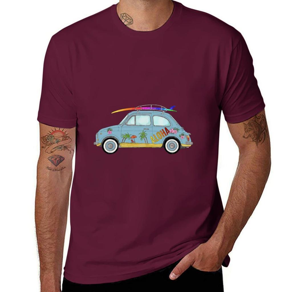 Футболки без принтов с графикой Fiat 500 с доской для серфинга, тяжелые футболки на заказ для мужчин