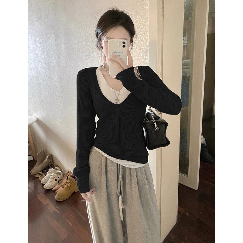 DAFIFY Женская мода повседневная осень-зима однотонный принт длинный рукав V-образный вырез свитера