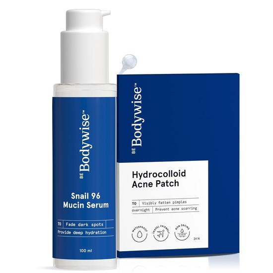 Be Bodywise Snail 96 Mucin Serum 100 мл и гидроколлоидный пластырь от прыщей (24 точки | 3 размера) | Поглощает и разглаживает прыщи за ночь, успокаивает