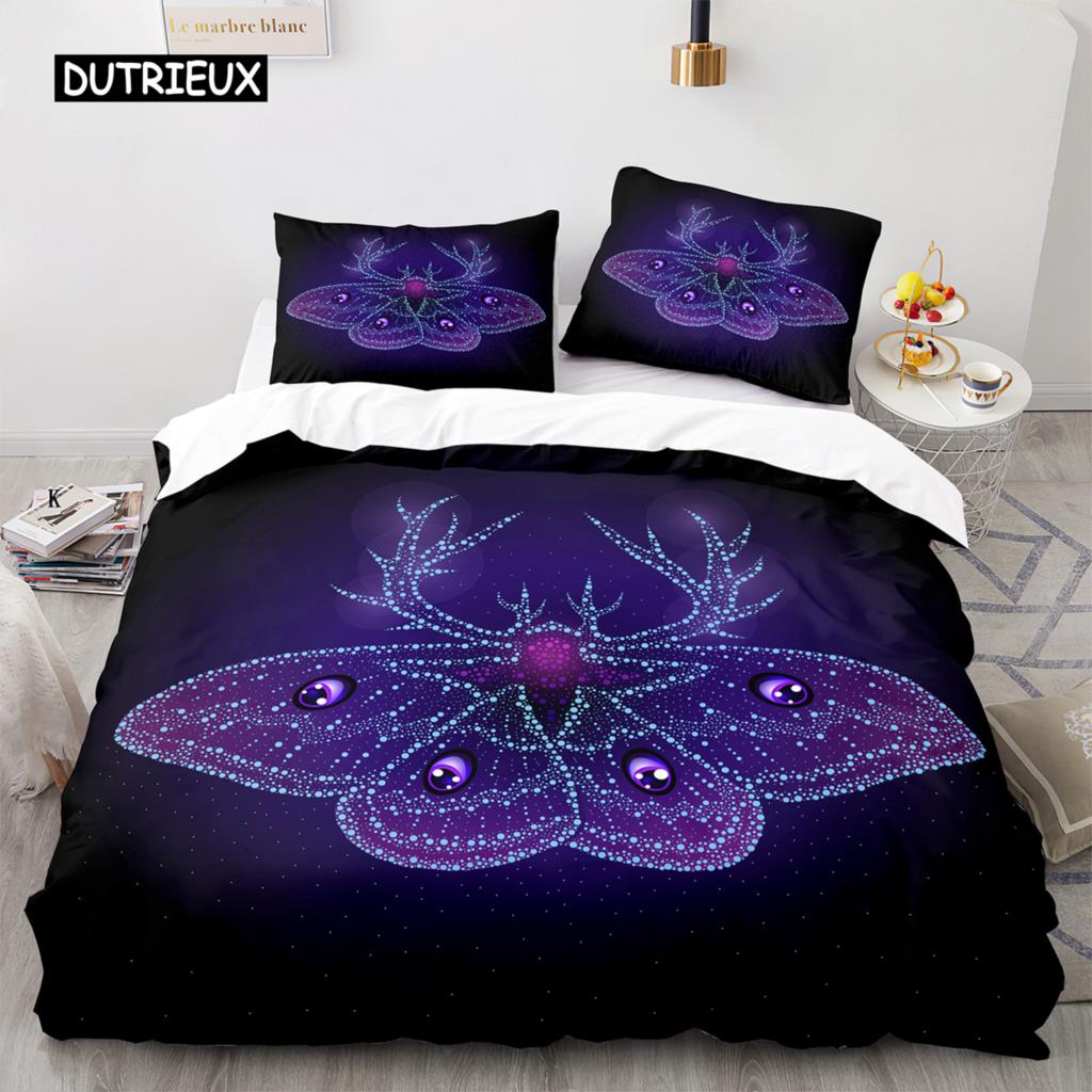 Комплект постельного белья Death Moth Queen Size Gothic Skull Boho, комплект постельного белья с черно-белым декоративным рисунком скелета