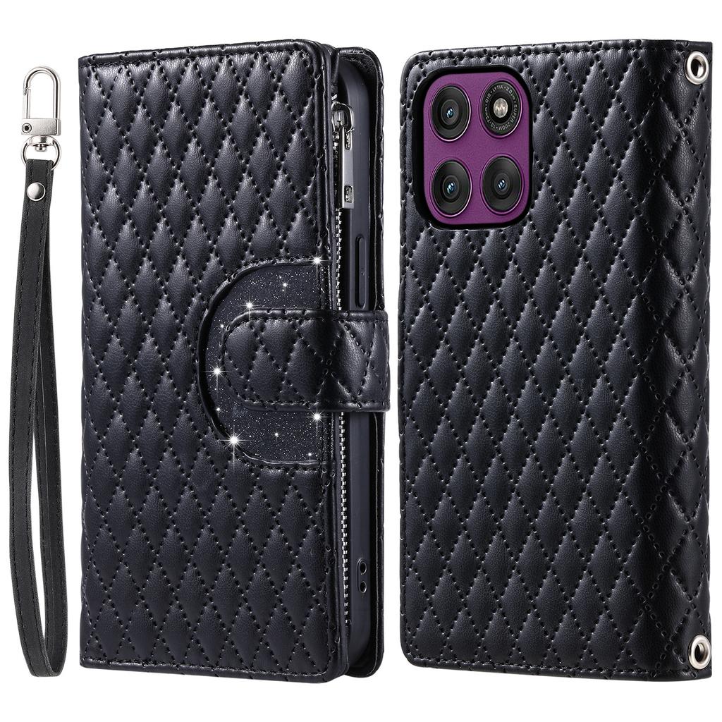 For Motorola Moto G86 5G Case Zipper Pocket Glitter Leather Phone Cover with Wrist Strap