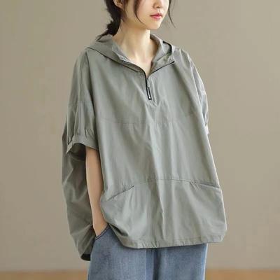 С капюшоном женская летняя свободная повседневная футболка на молнии с коротким рукавом модная солнцезащитная