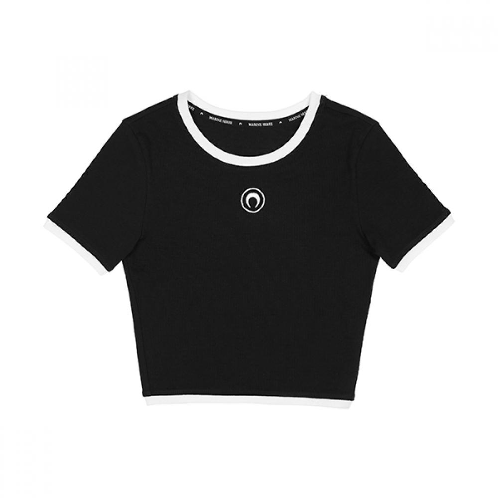 Marincer Wto087a Cjer0011 Bk99 Moon Logo Embroidery ContraSt Crop Women S Short Sleeve Tee