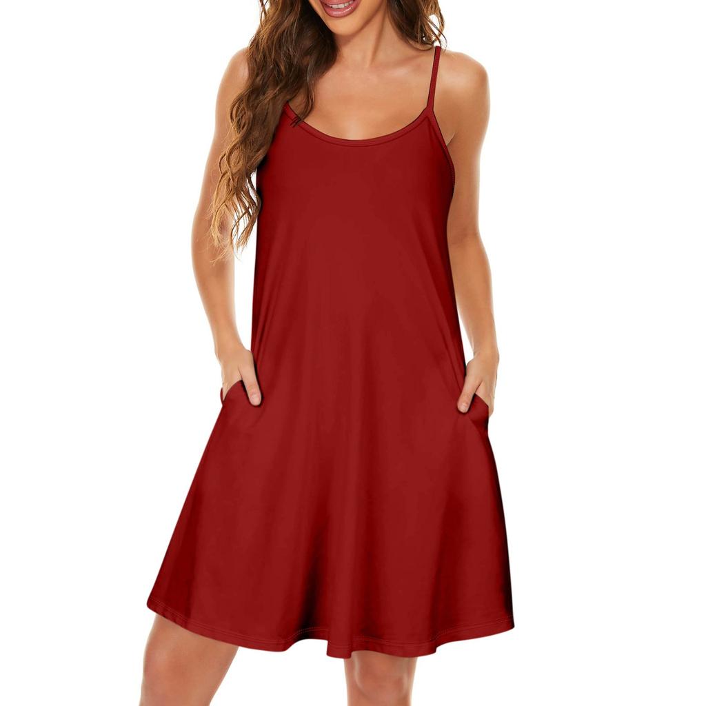 Женское облегающее платье, модное однотонное платье с круглым вырезом и карманом на бретельках