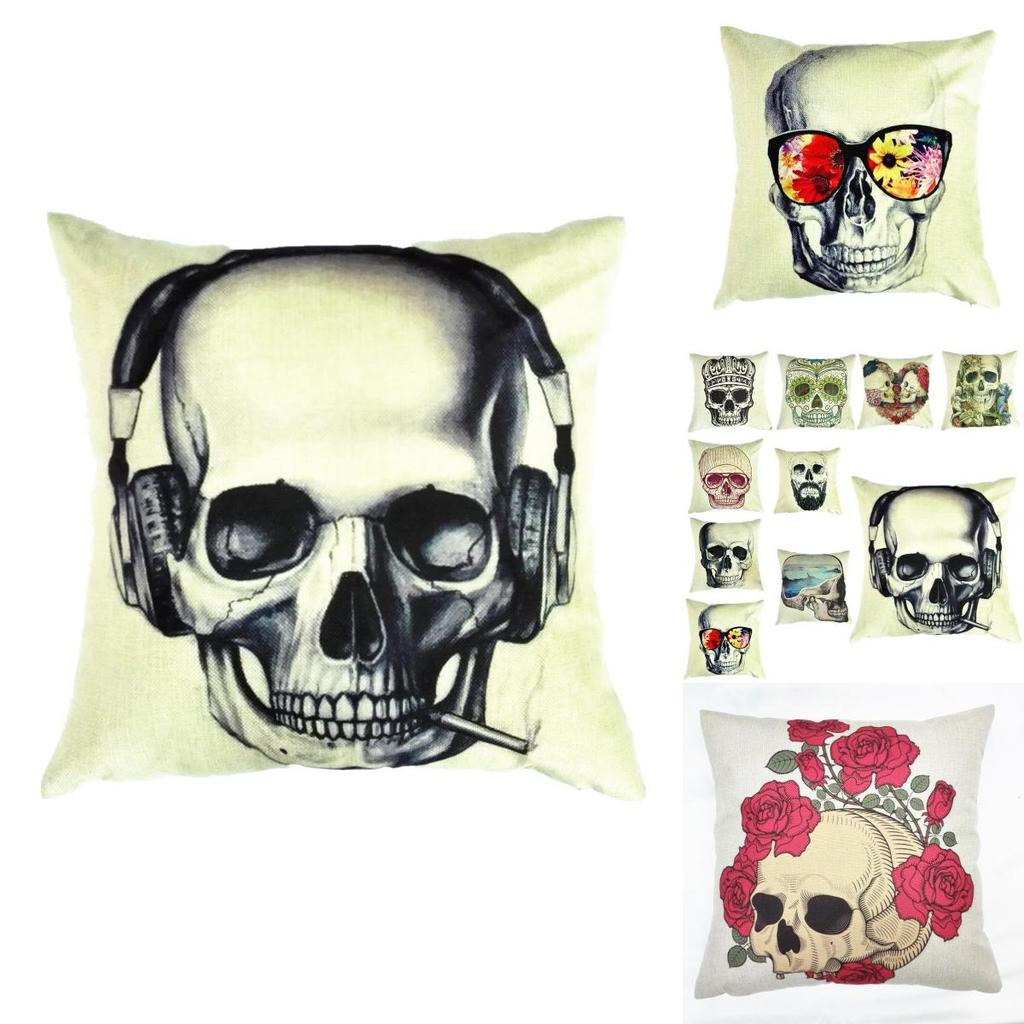 Skeleton Head Throw Pillow Cover With Linen Fabric For Home Decor And Living Room