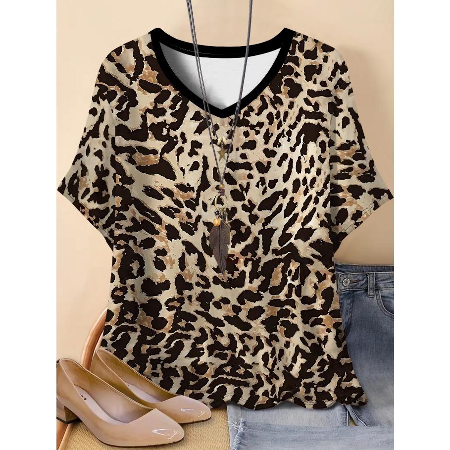 Футболки женские с коротким рукавом 3D принтованный топ праздничный анималистичный узор выходные базовая футболка с V-образным вырезом летняя