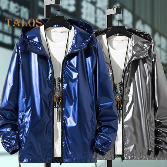 Men Shiny Glossy Coat Hooded Long Sleeve Teenager Coat with Adjustable Drawstrings Cuffed Sleeves Bright Surface Jacket