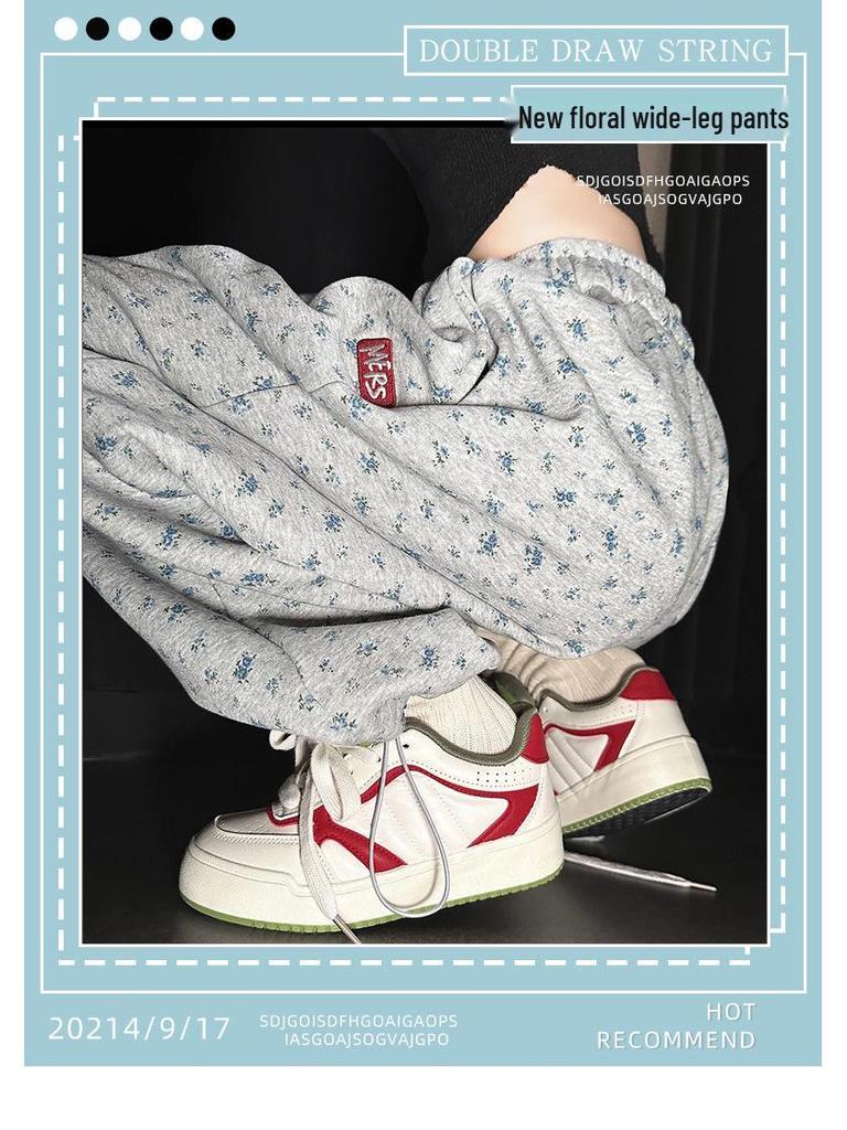 Women's Gray Floral High-Waist Sweatpants, Loose Straight-Leg, Spring Autumn 2025 Collection