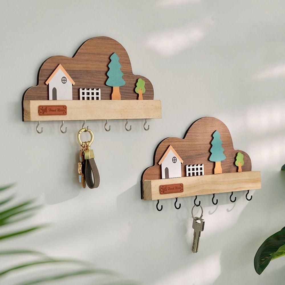 Cloud House Forest Key Storage Holder Solid Wood Decorative Hook Door Wall Hook  Home Decor