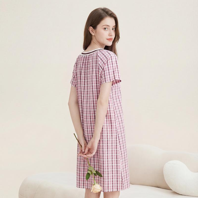 Fenteng [40 thread flat cotton] skin friendly plaid round neck short sleeved nightgown dress pajama women's and girls' skirt style