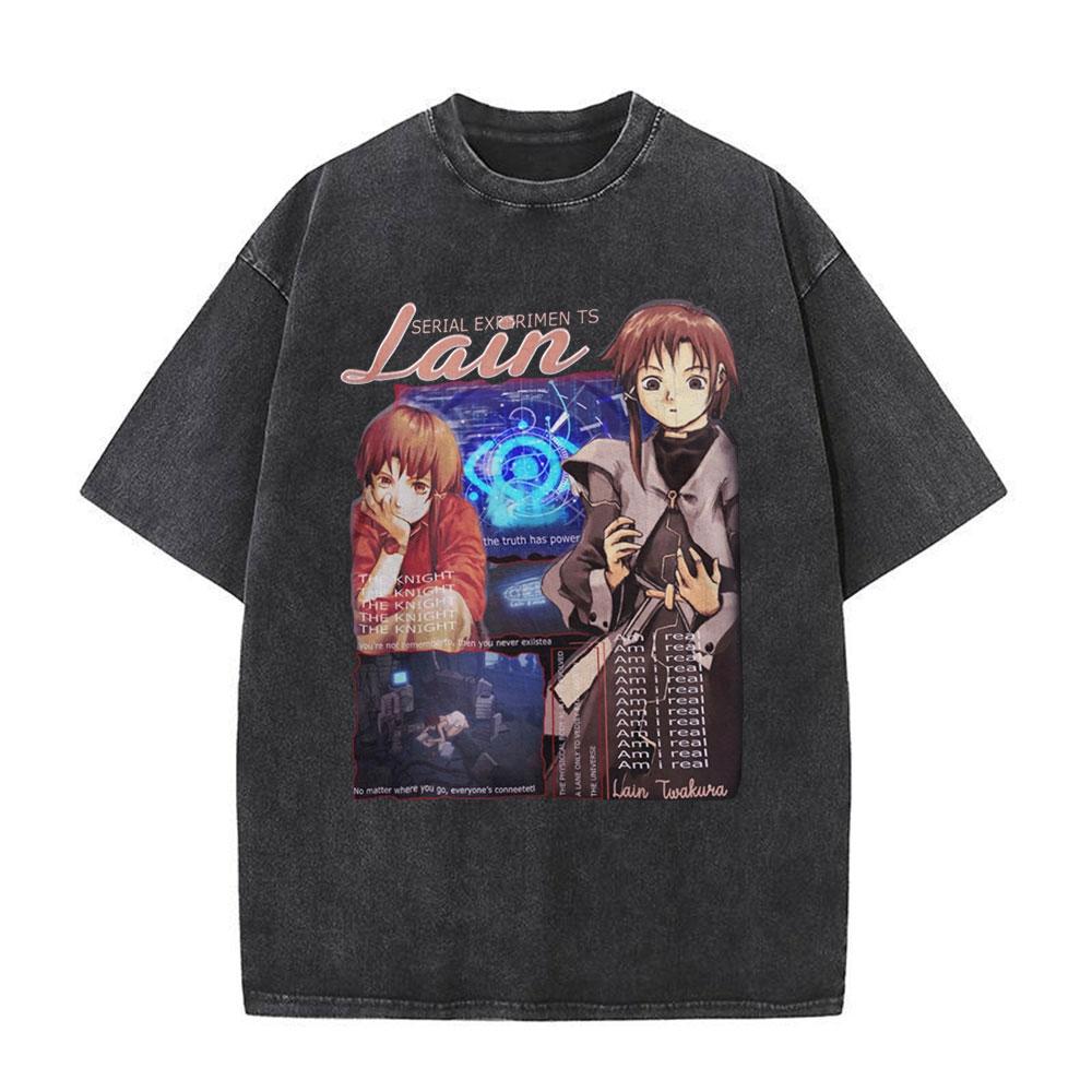 Serial Experiments Lain Anime Vintage Washed T-Shirt Manga Iwakura Girl Sci Fi Short Sleeve T-shirts 100% Cotton Casual T Shirt