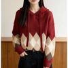 Women's Loose Red Diamond Pattern Hooded Sweater - Autumn/Winter Stylish Knit Top