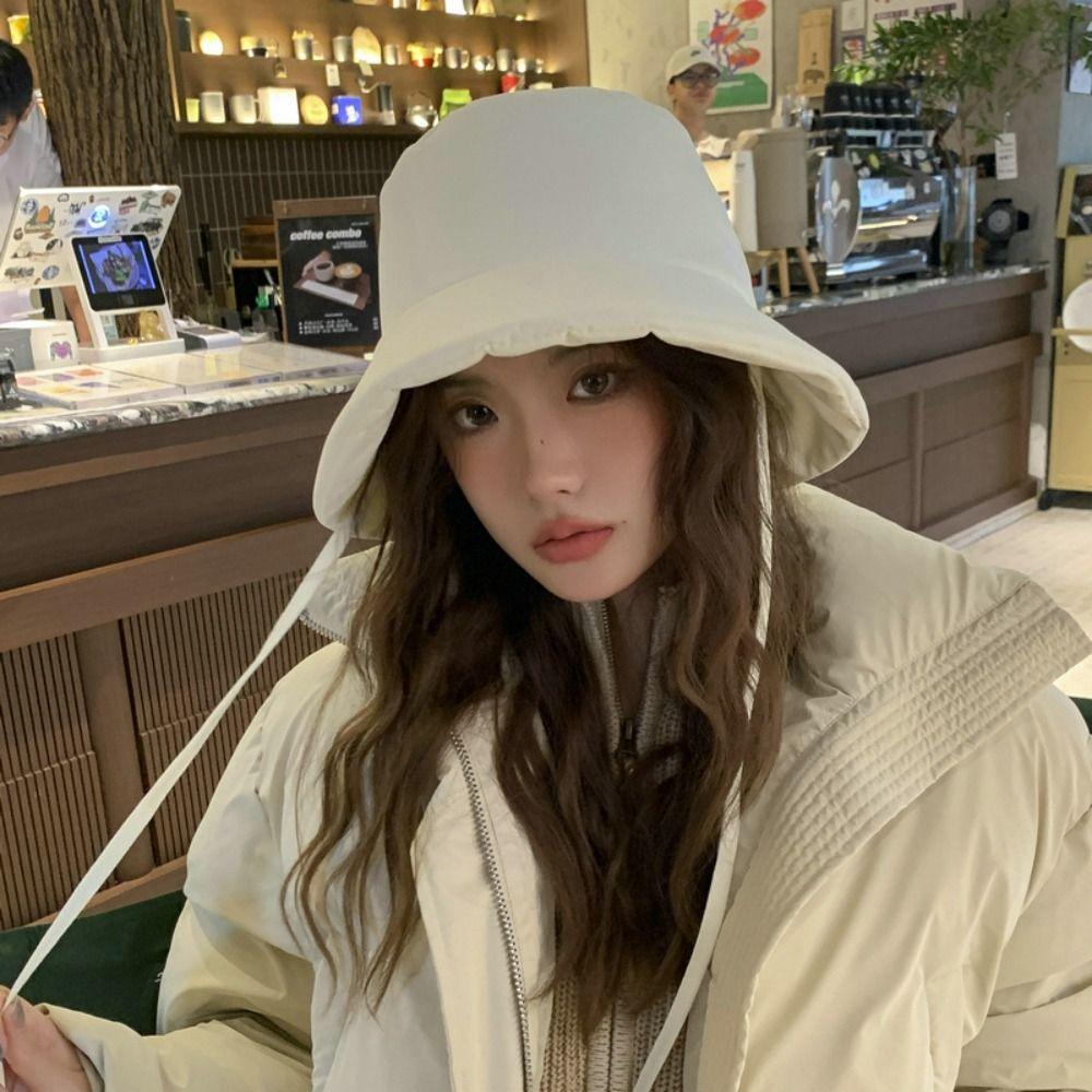 Portable Women Fisherman Hat Windproof Panama Caps Korean Down Cotton Bucket Hats  Autumn Winter