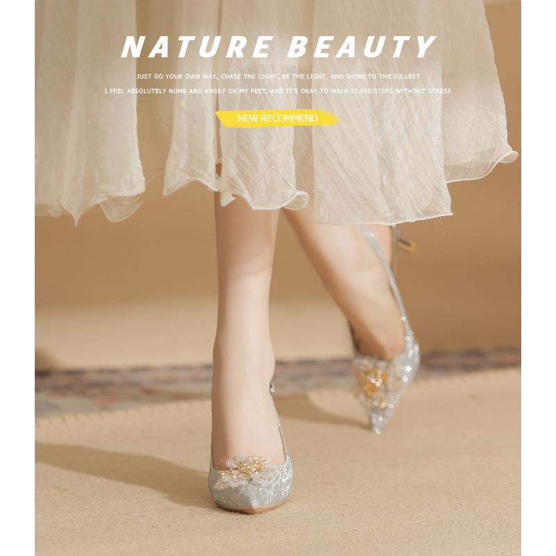 7520-2 [овчина] туфли на высоком каблуке женские тонкие каблуки 2025 новые остроносые темпераментные хрустальные свадебные туфли пустые сандалии