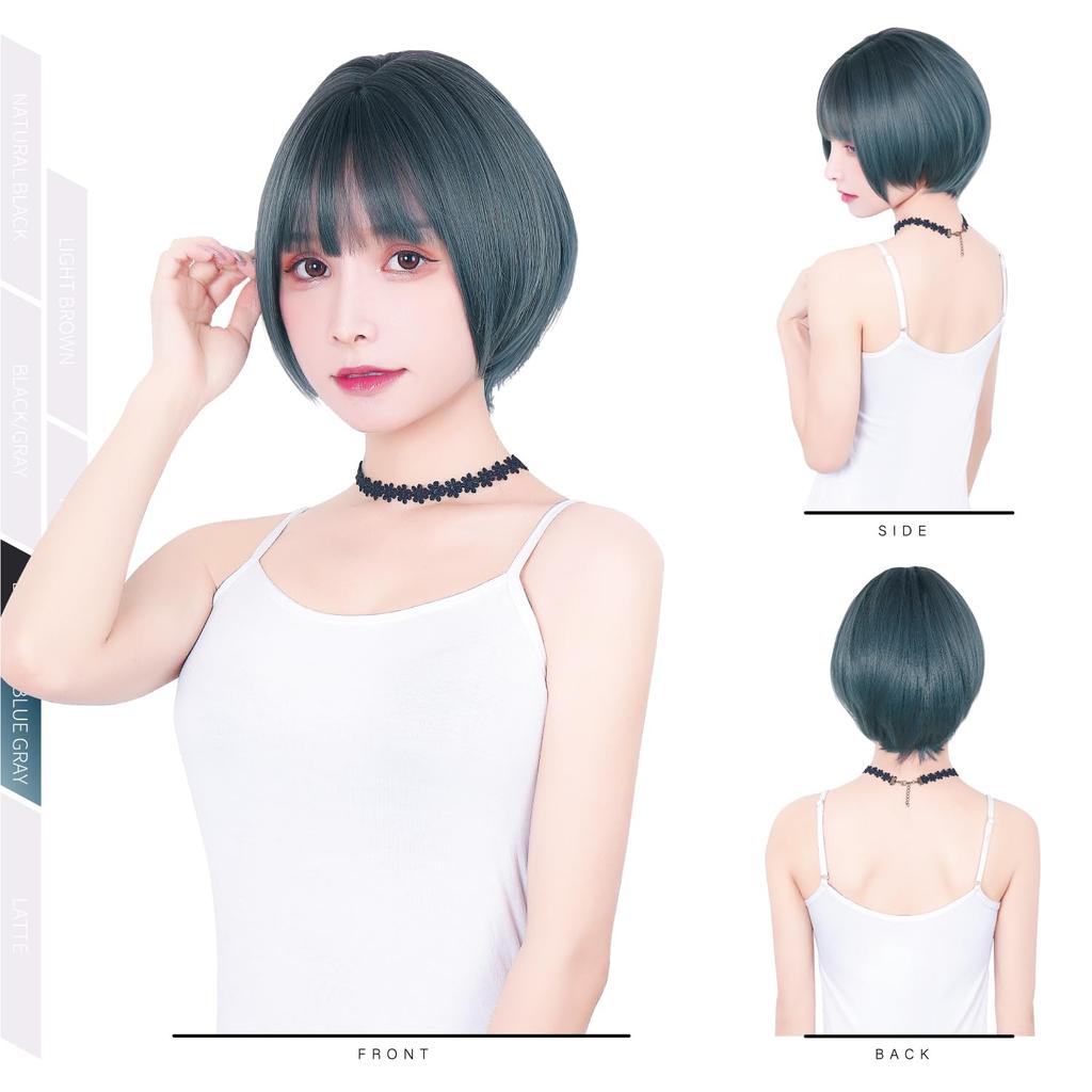 Wig Short Bob Heat Resistant Full Wig Black Hair Brown Gray Blue Natural Round Silhouette Wig Net Included Round Short Black Blue Gray [TefuRe]