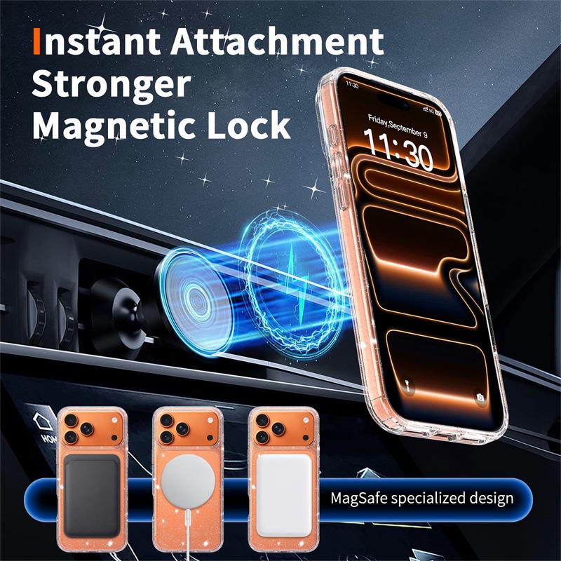 iPhone 17 Pro Max Защитный чехол с блестками, магнитный, кристально прозрачный - Полное покрытие