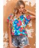 Floral Print Drawstring V Neck Short Sleeve Blouse