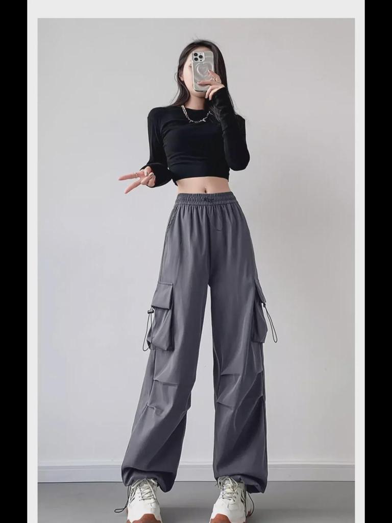 Women's High-Waist Gray Wide-Leg Casual Sports Pants - Spring/Autumn 2023 Collection